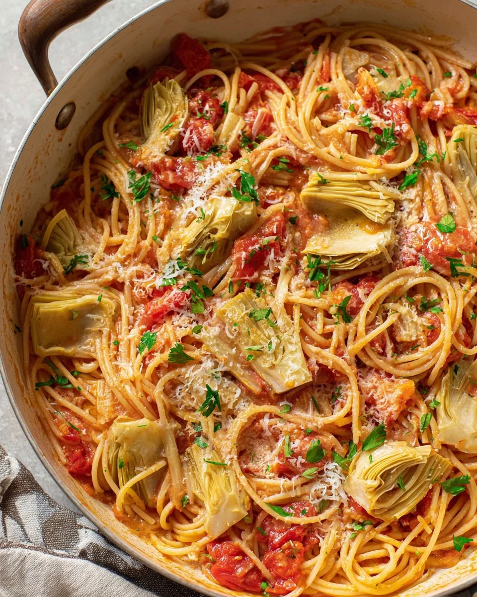 Plate of creamy artichoke pasta garnished with fresh herbs