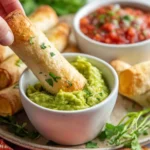 Plate of crispy baked chicken flautas with salsa and avocado