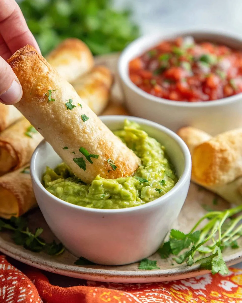 Plate of crispy baked chicken flautas with salsa and avocado