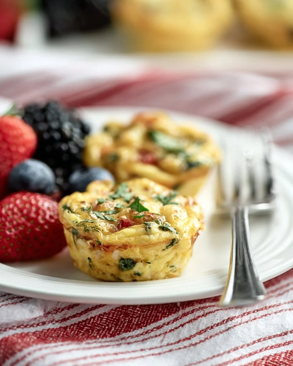 Baked cottage cheese egg muffins fresh out of the oven on a wooden table.
