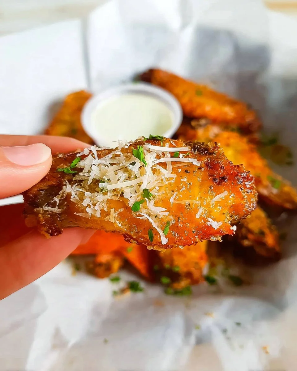 Baked garlic parmesan chicken wings on a platter garnished with herbs
