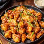 Baked Honey Sesame Chicken garnished with sesame seeds and green onions.