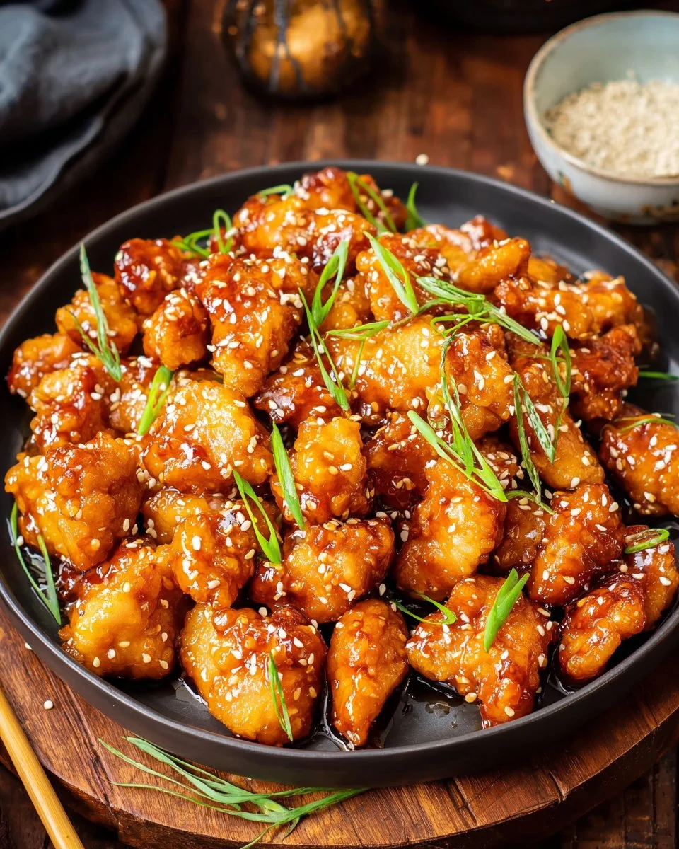Baked Honey Sesame Chicken garnished with sesame seeds and green onions.