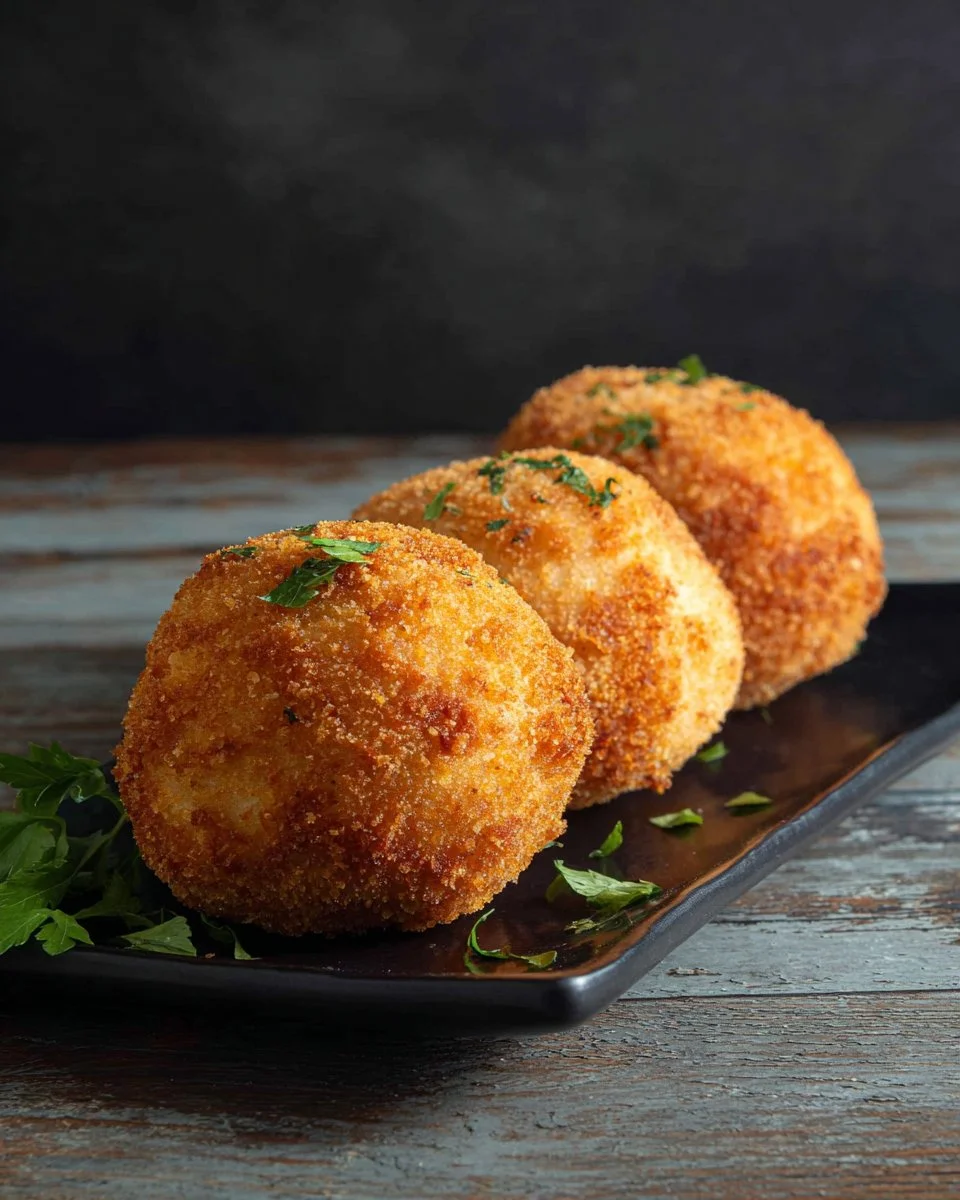 Plate of baked Italian rice balls served with marinara sauce.