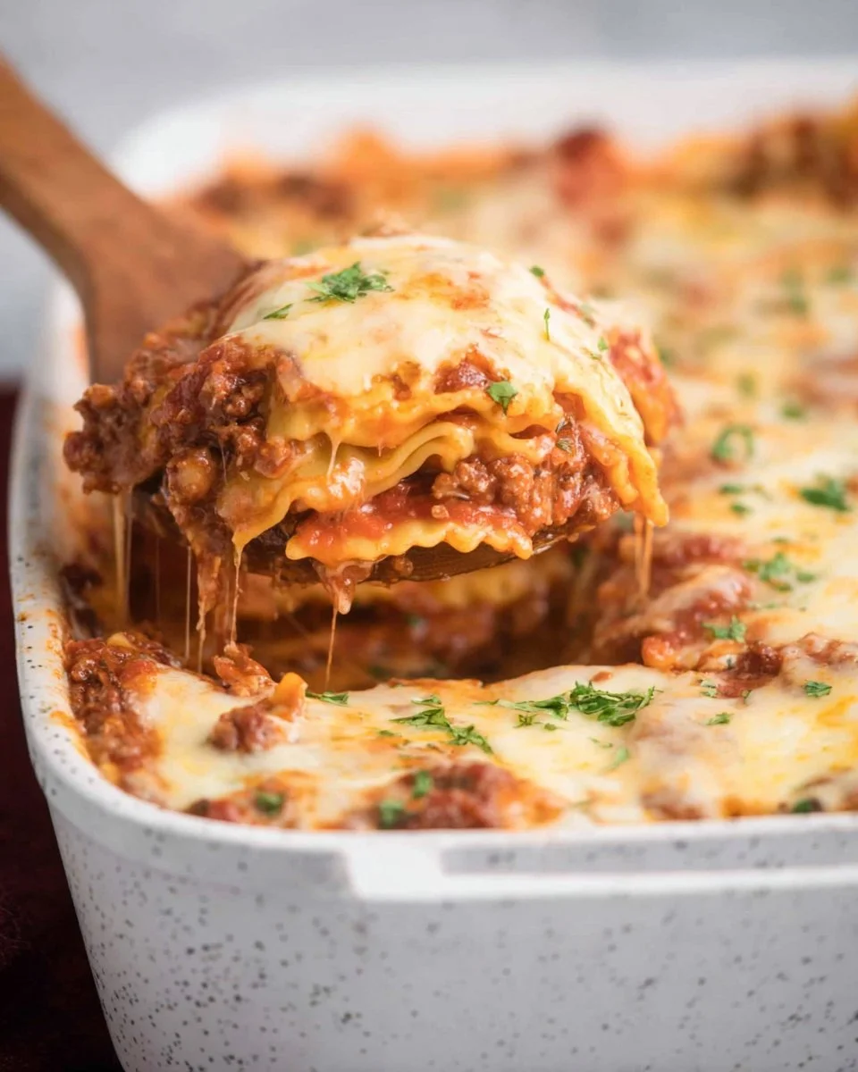 Baked ravioli casserole topped with melted cheese, ready to serve.
