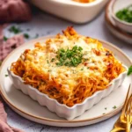Baked spaghetti topped with cheese and herbs, served in a baking dish.