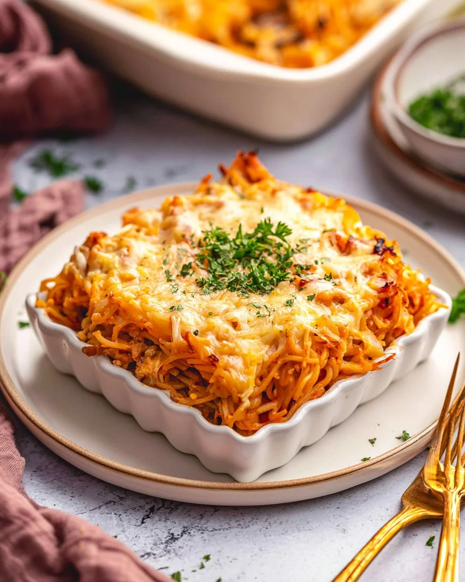 Baked spaghetti topped with cheese and herbs, served in a baking dish.