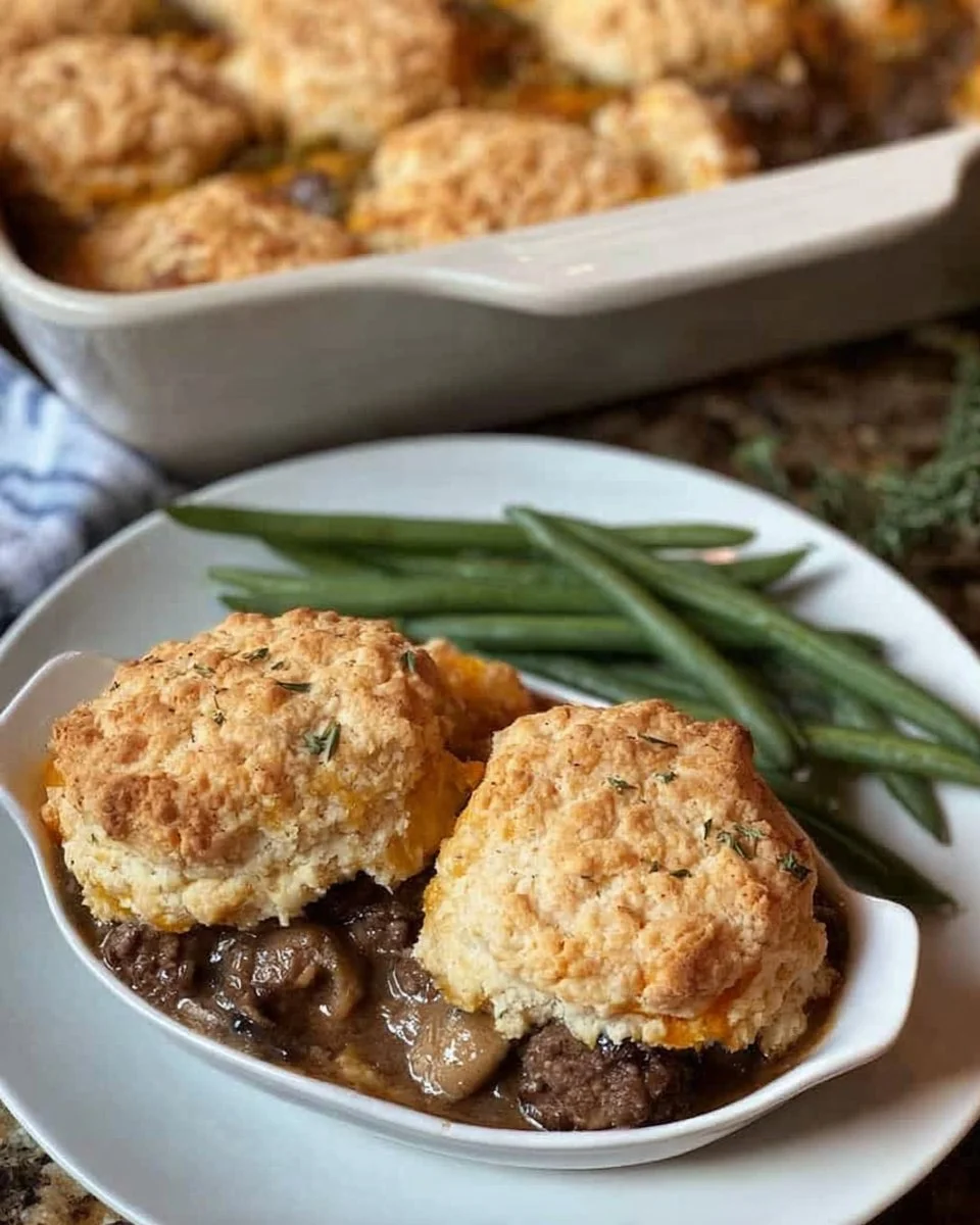 Homemade beef cobbler with tender meat and flaky topping in a baking dish