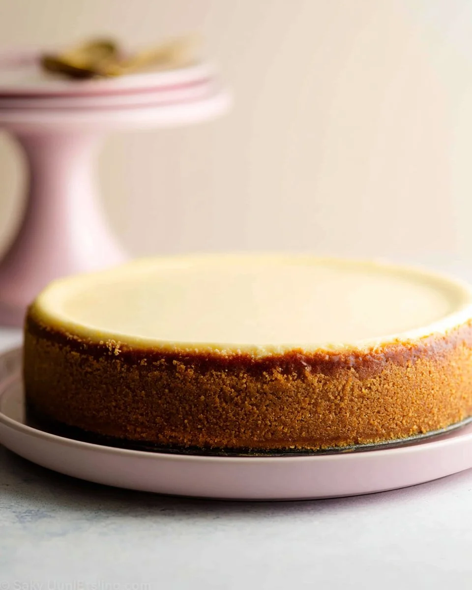 A deliciously creamy classic cheesecake served on a white plate with fresh fruits.