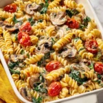 Delicious Boursin Pasta Bake topped with herbs and cheese, ready to serve.