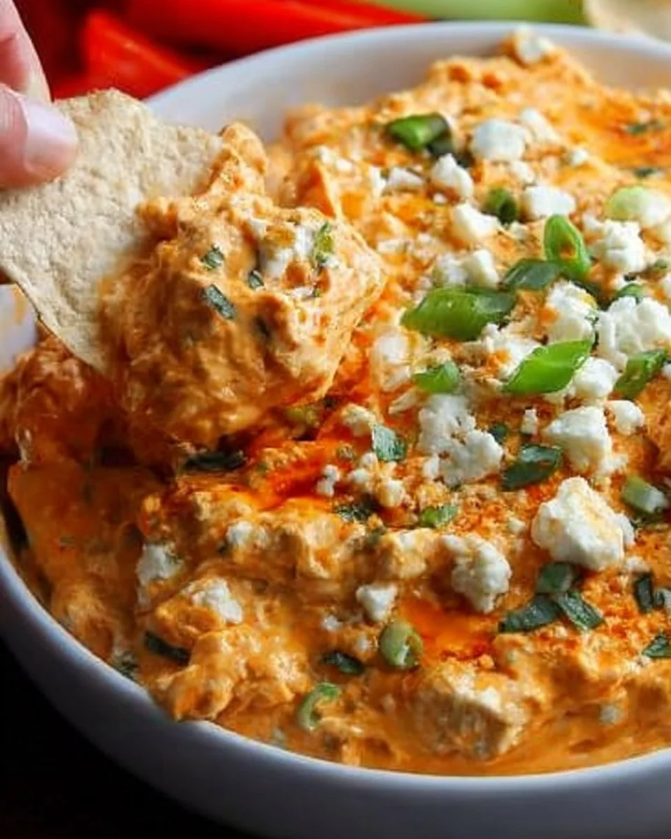 Delicious Buffalo Chicken Dip served in a bowl, perfect for appetizers.