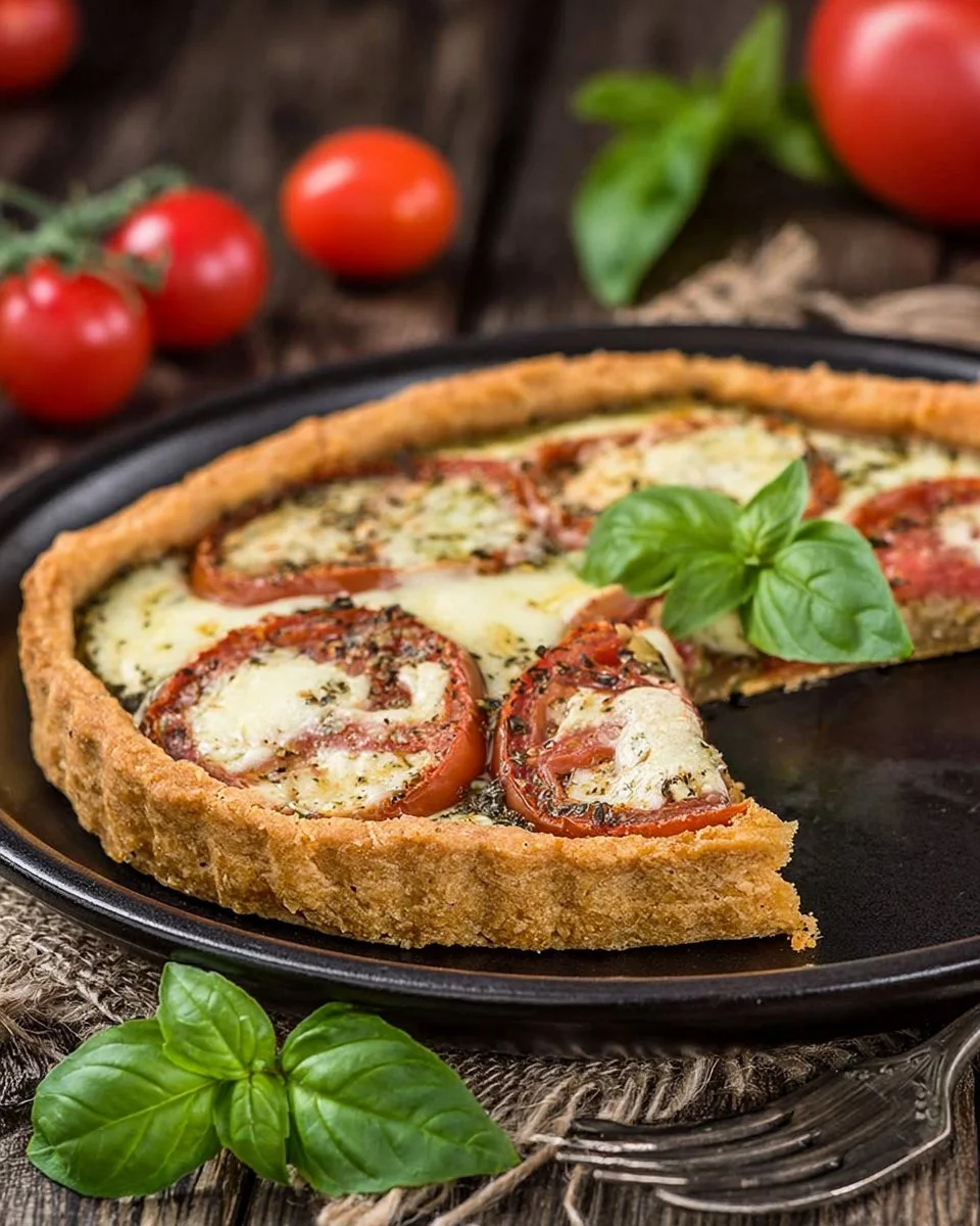 Fresh Caprese Tart with tomatoes, mozzarella, and basil on display