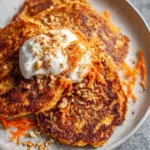 Fluffy carrot oat pancakes stacked on a plate with syrup and fresh carrots