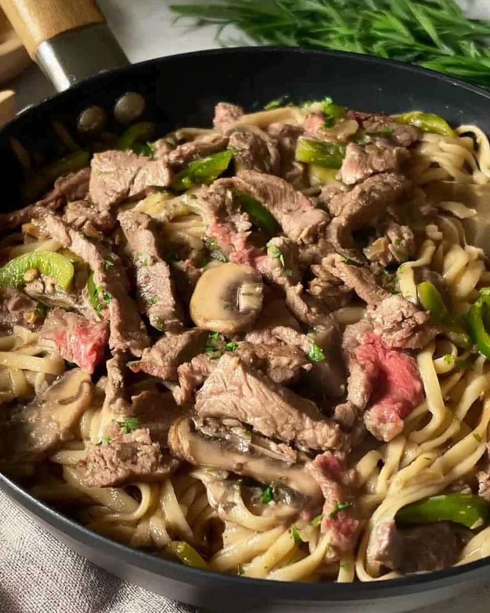 Delicious cheesesteak pasta dish with beef, peppers, and creamy sauce