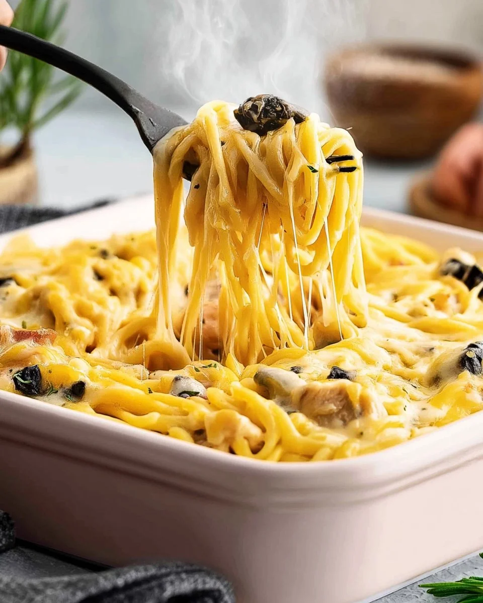 Cheesy chicken spaghetti served in a bowl with fresh herbs garnish