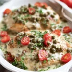 Chicken breasts in caper cream sauce plated elegantly with garnish