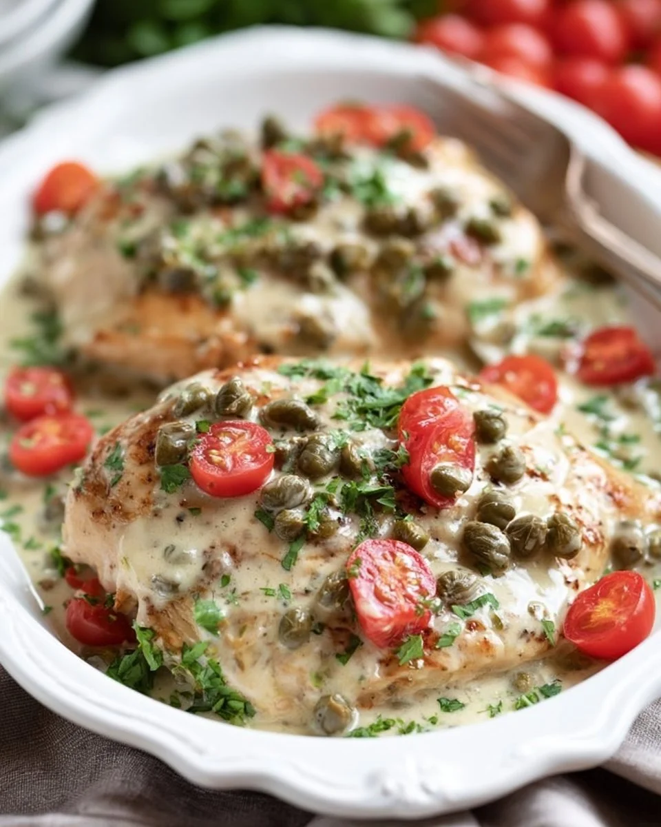 Chicken breasts in caper cream sauce plated elegantly with garnish