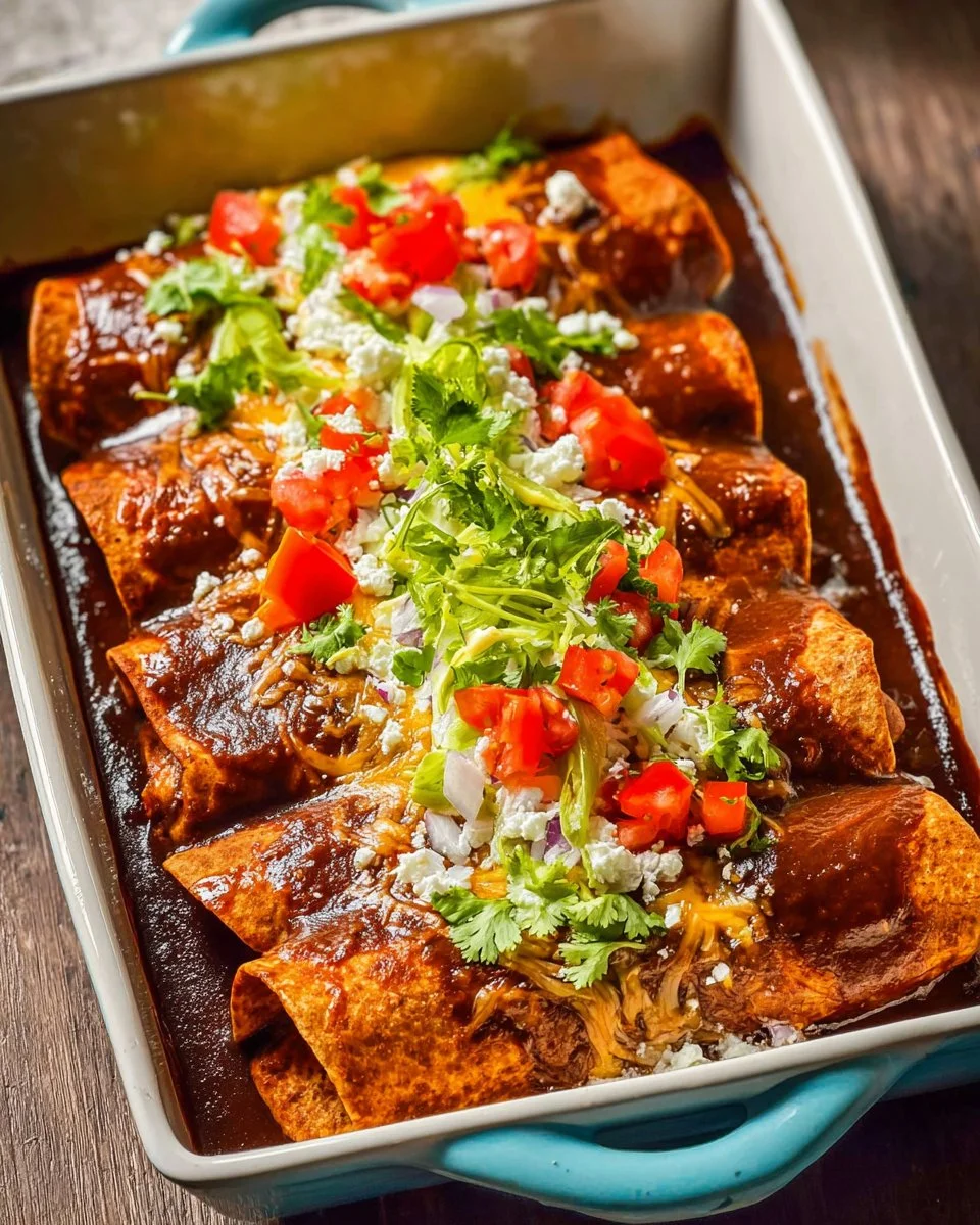 Delicious Chicken Mole Enchiladas topped with rich mole sauce and cheese