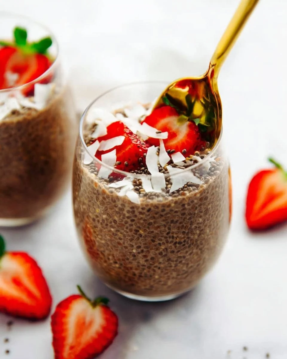 A delicious bowl of Chocolate Chia Pudding topped with fresh berries