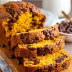 Delicious chocolate chip pumpkin bread loaf sliced on a wooden table