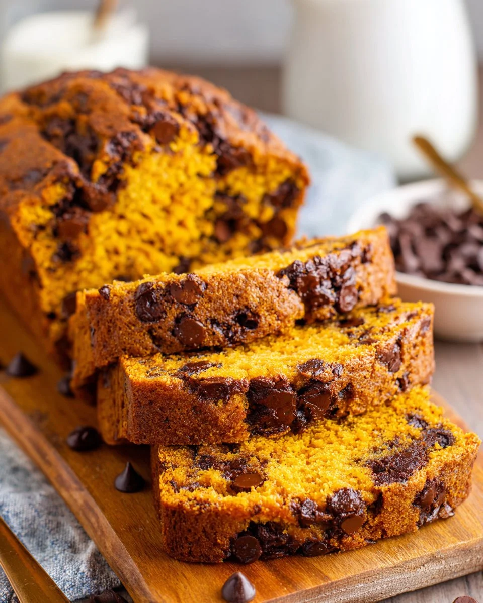 Delicious chocolate chip pumpkin bread loaf sliced on a wooden table