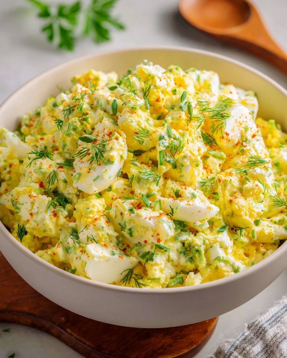 Bowl of cottage cheese egg salad garnished with herbs and spices