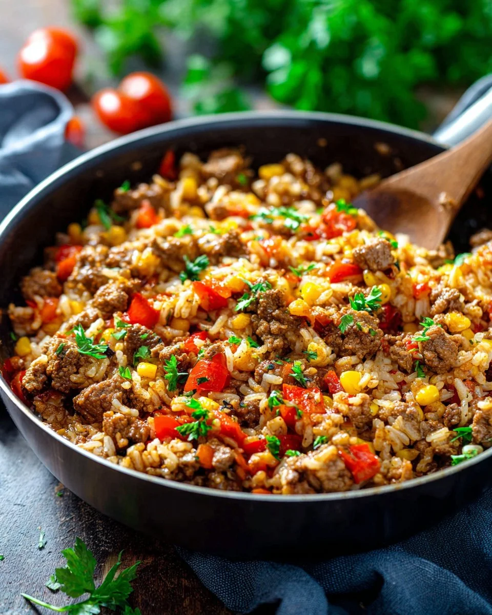 Cowboy Beef and Rice Skillet cooked in a cast-iron skillet.