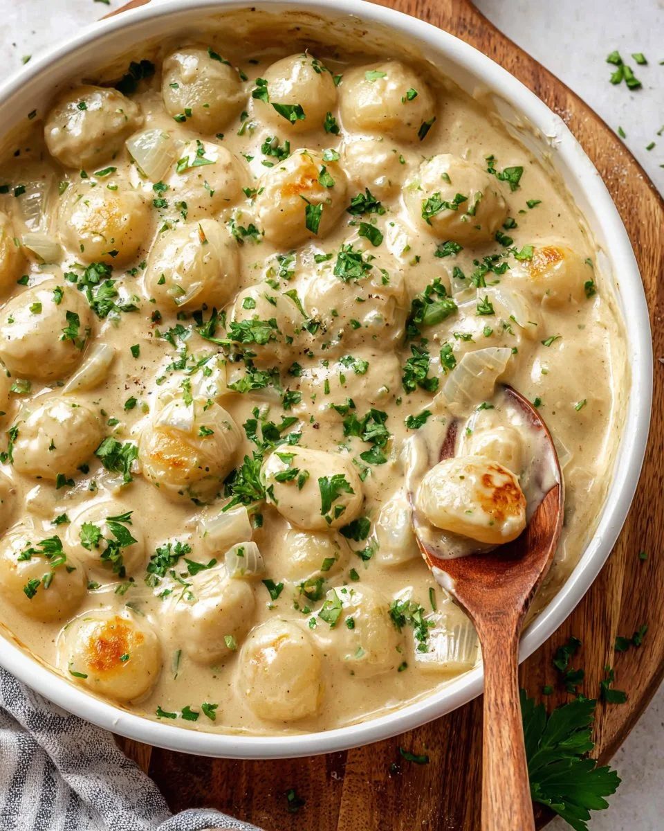 Delicious creamed onions served in a bowl, perfect for holiday meals.