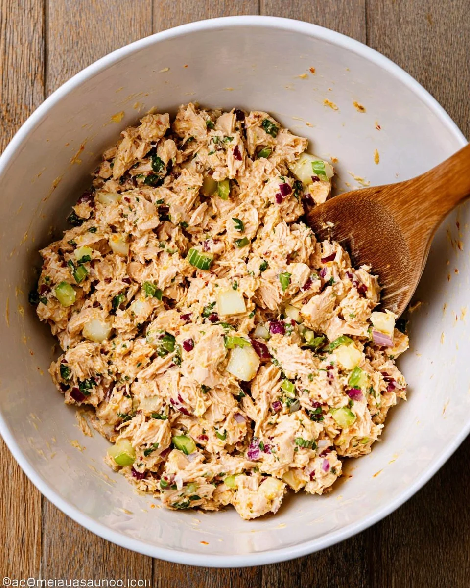 A bowl of creamy Asian chicken salad topped with sriracha sauce.