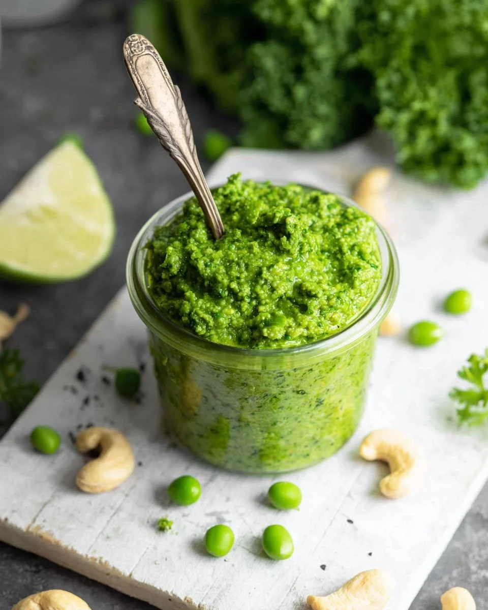 Creamy cashew pea pesto in a bowl with fresh peas and basil leaves