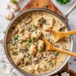 Creamy chicken and mushroom soup in a bowl garnished with fresh herbs