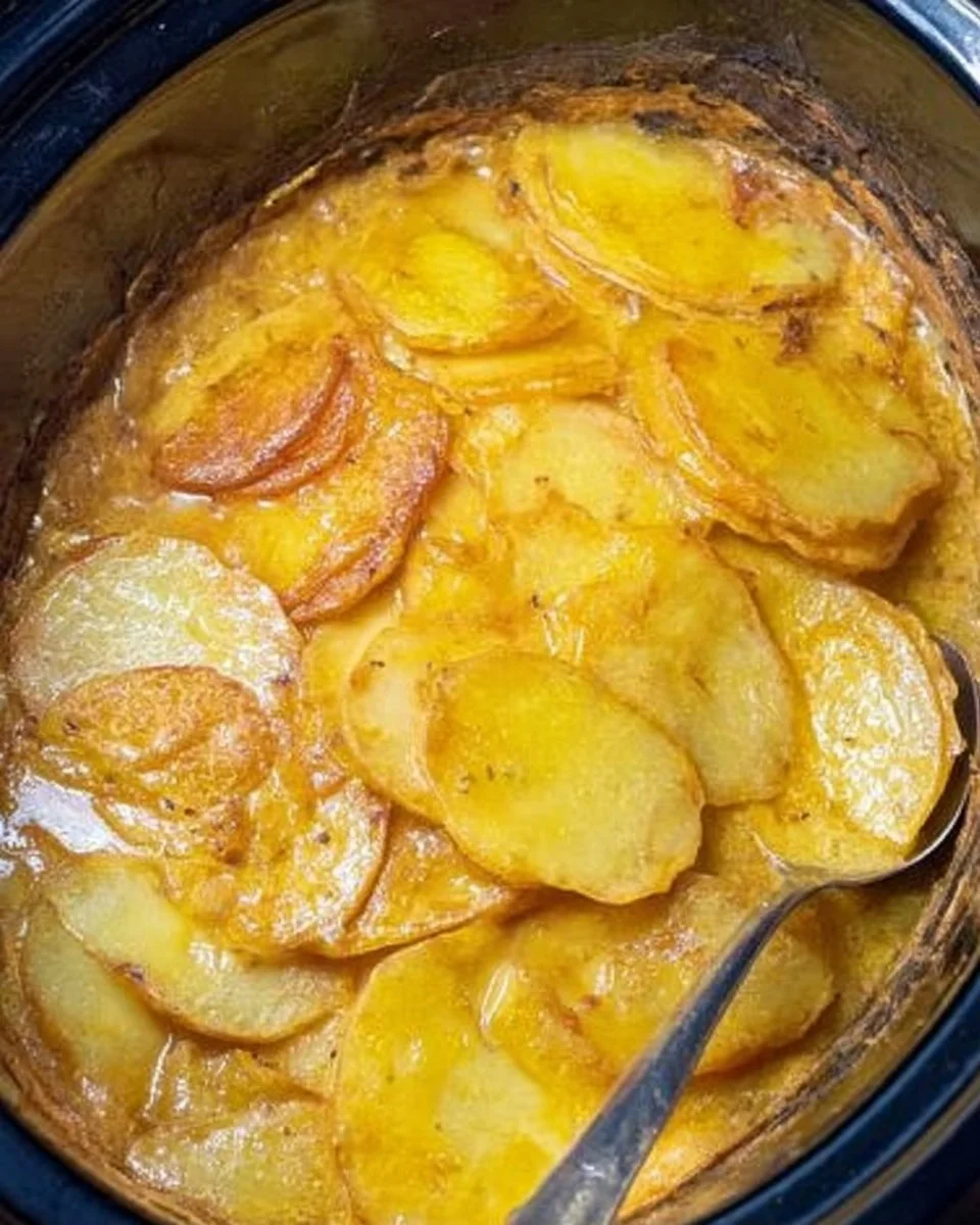 Creamy Crock Pot potatoes with herbs and cheese in a slow cooker dish
