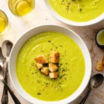 Bowl of creamy zucchini soup garnished with herbs