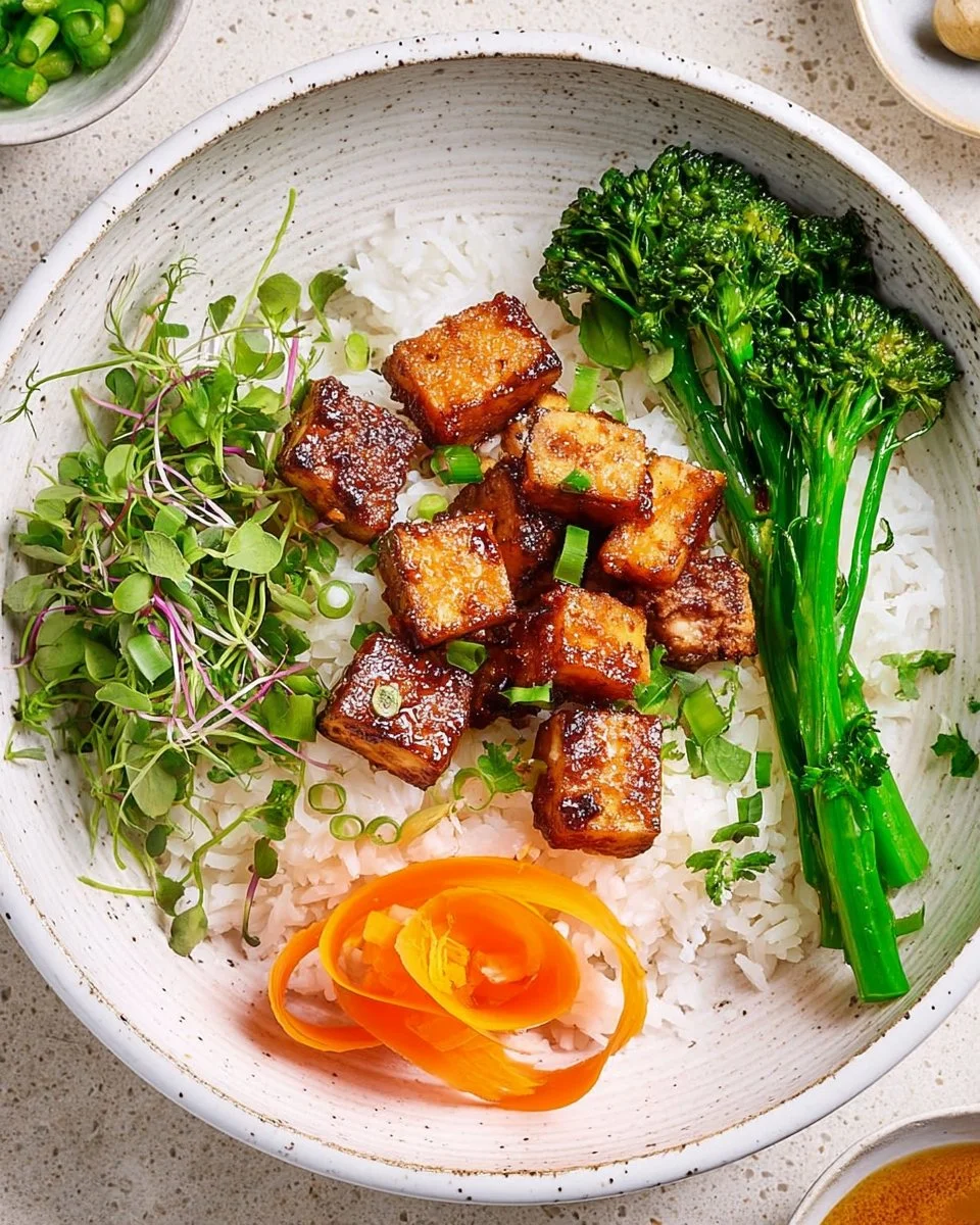 Plate of crispy marinated tofu garnished with herbs and served with vegetables