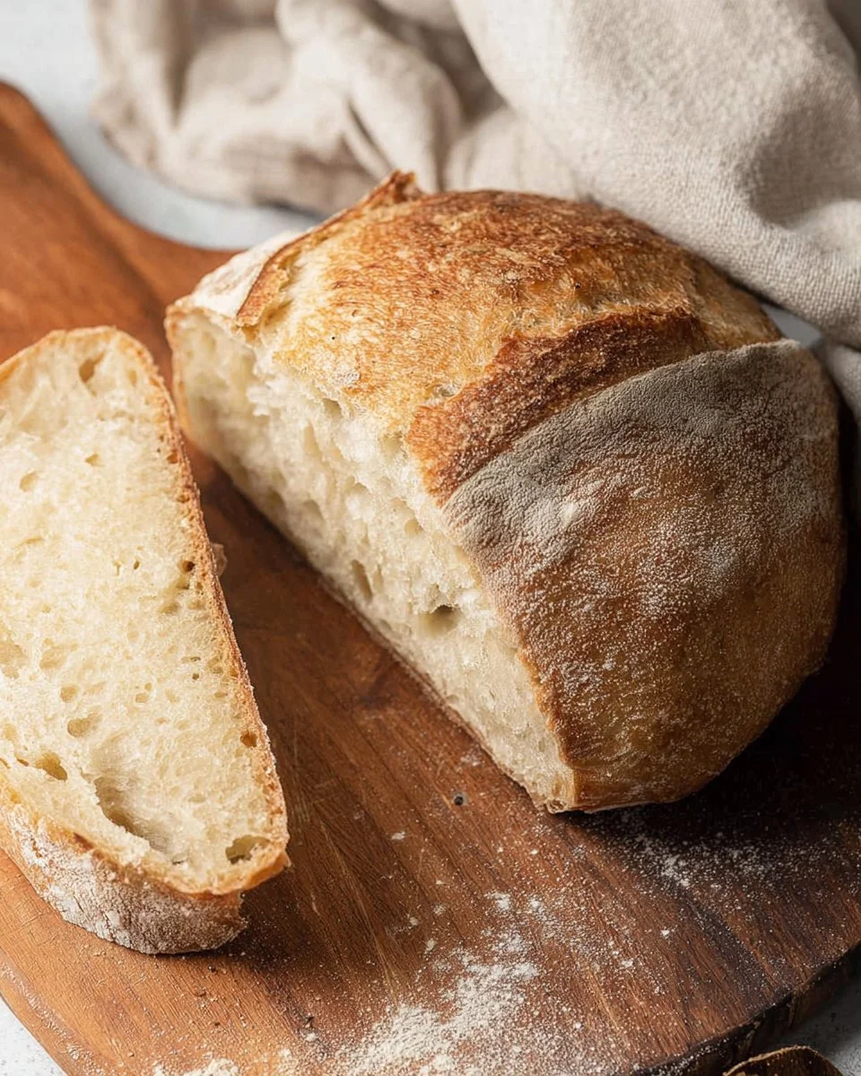 Freshly baked Dutch Oven Sourdough Bread on a wooden table