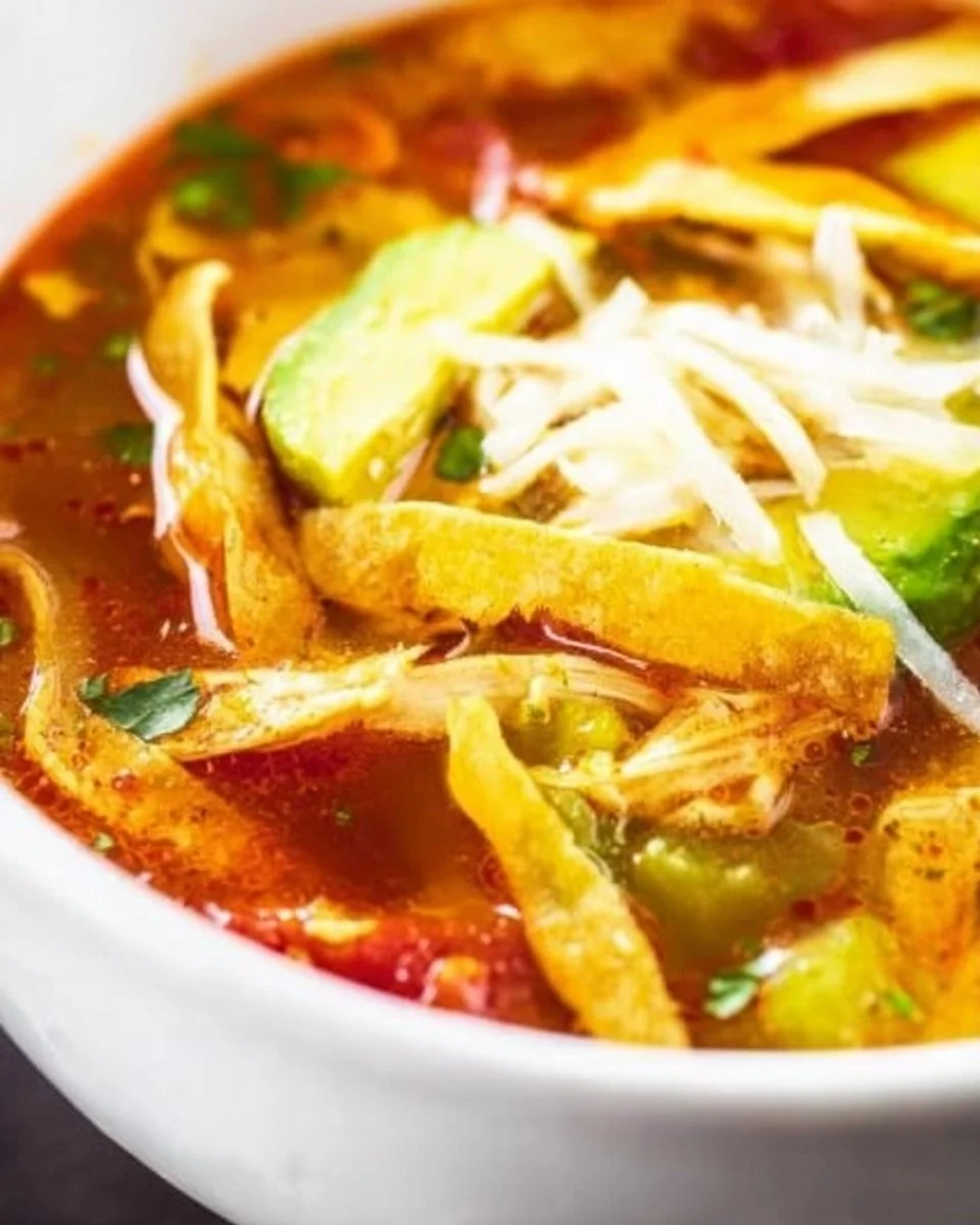 Bowl of easy homemade chicken tortilla soup garnished with tortilla strips and cilantro.