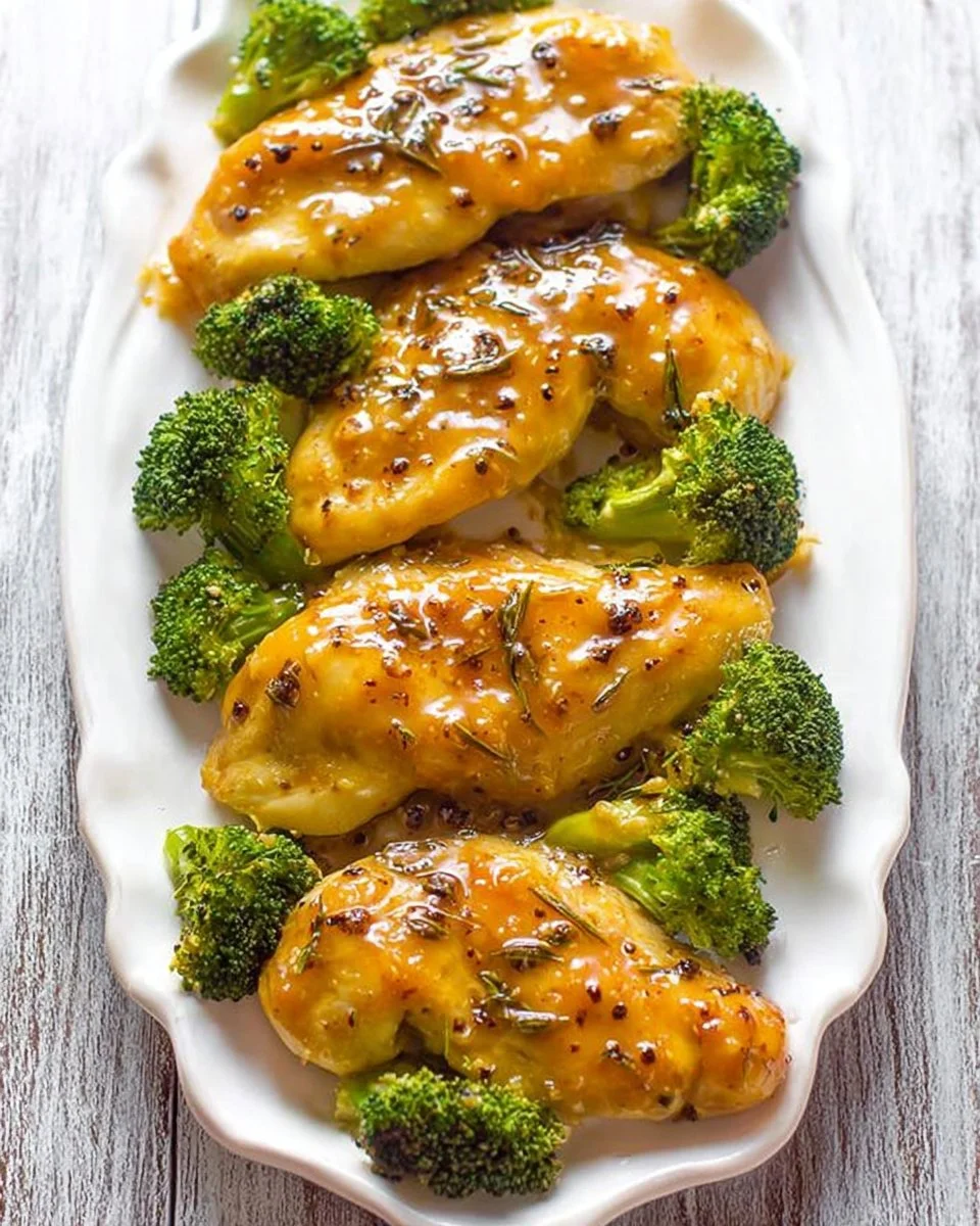 Easy honey mustard chicken dish served with vegetables on a plate.