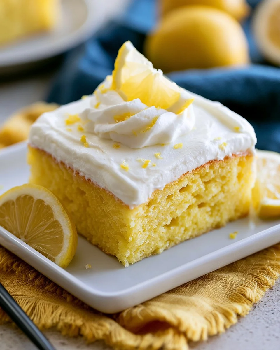 Freshly baked lemon sheet cake topped with lemon icing in a baking pan