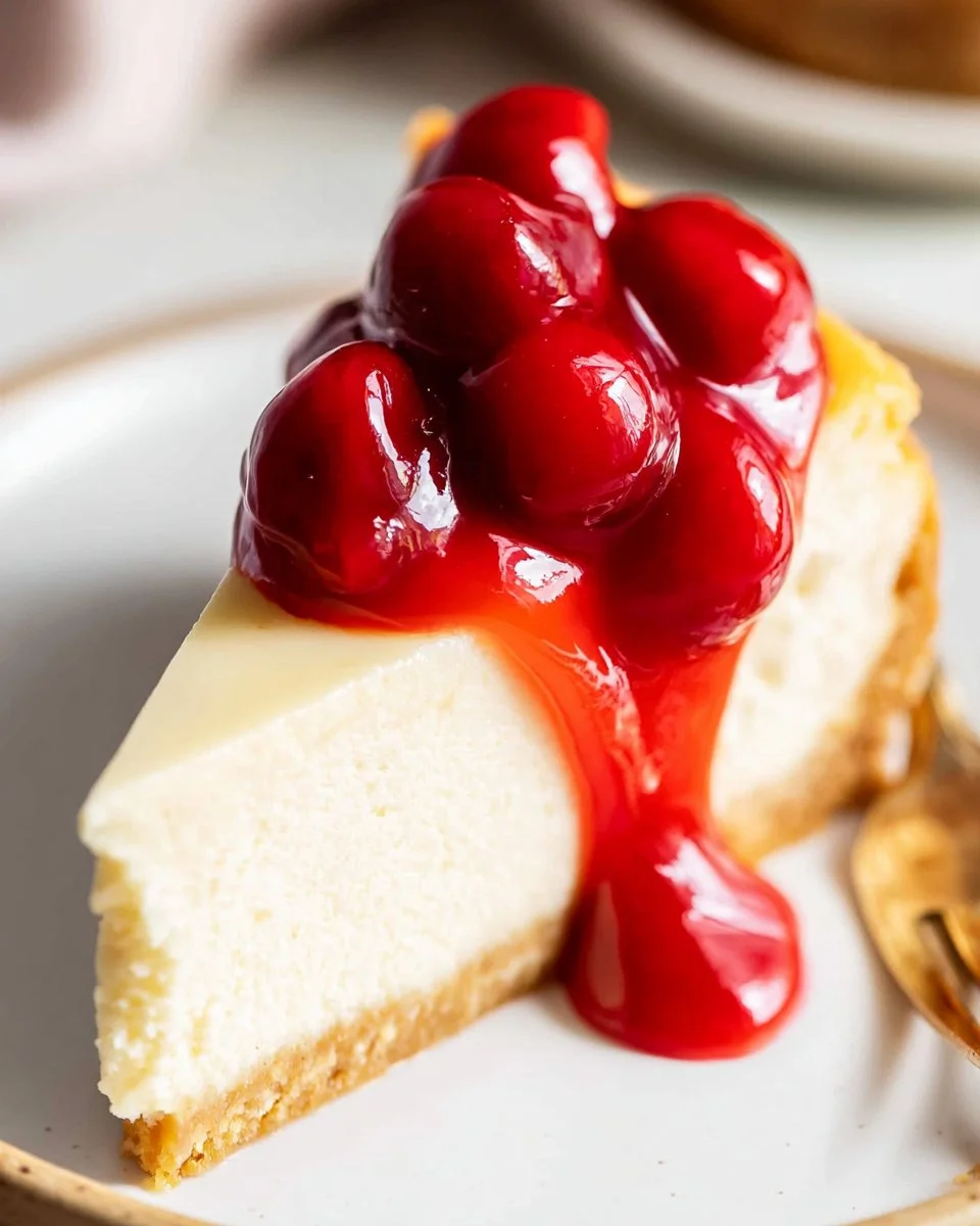 Slice of New York Cheesecake garnished with fresh strawberries and mint