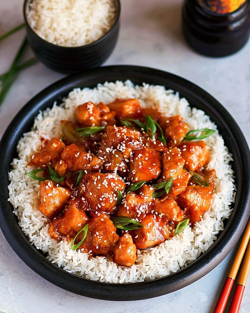 Delicious easy orange chicken served on a plate with rice and vegetables
