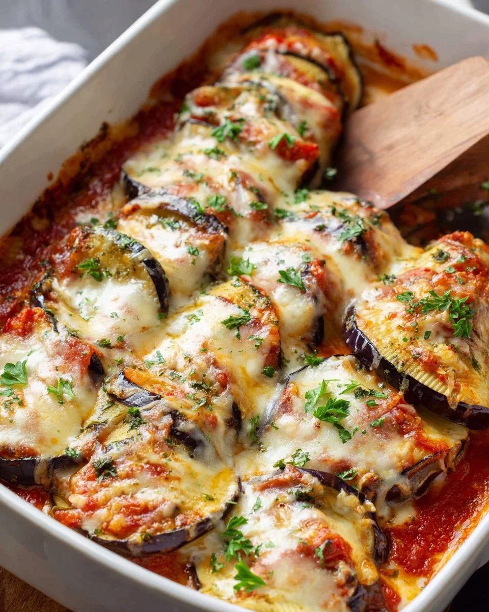 Eggplant stuffed shells recipe with rich filling and cheesy topping