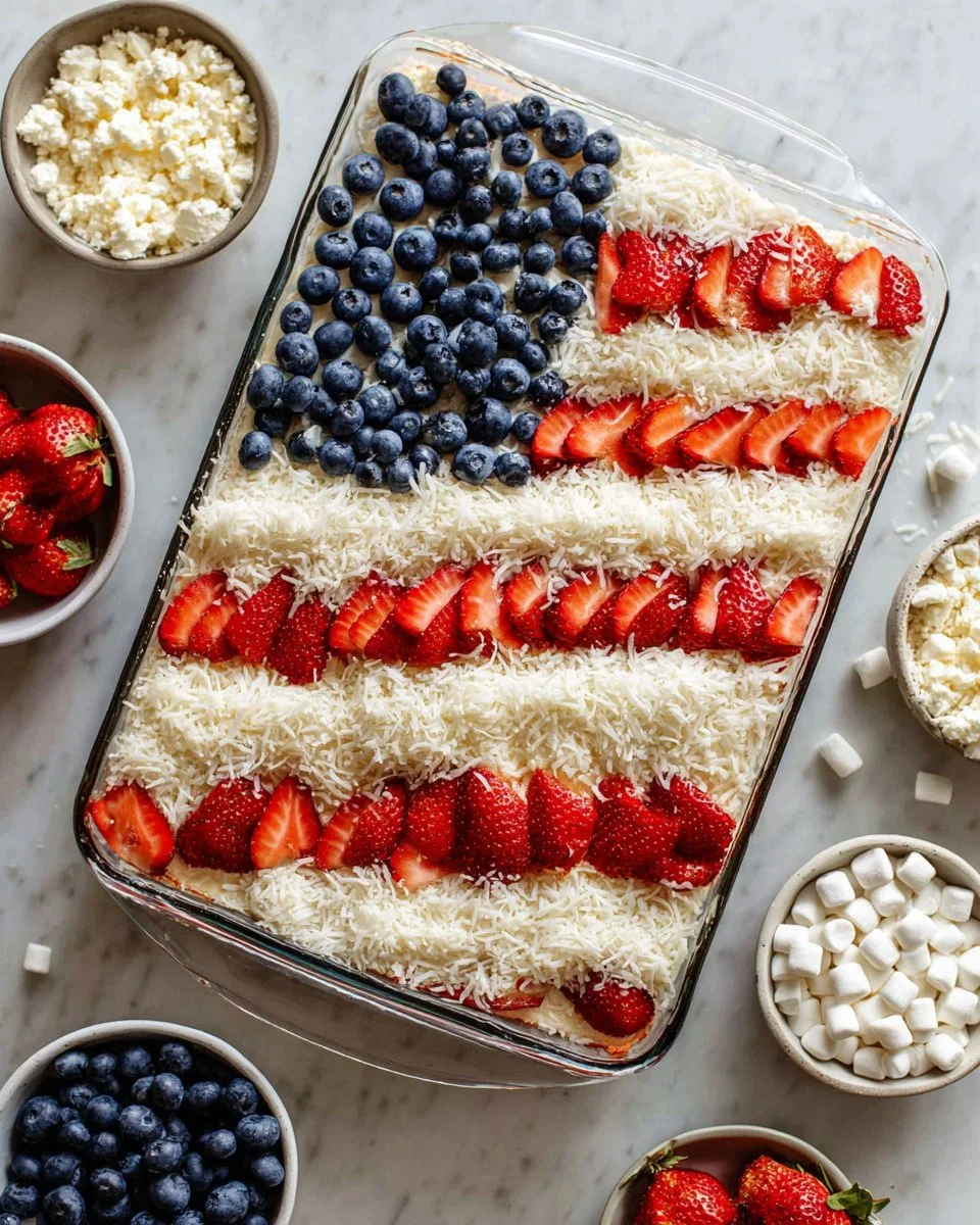 Delicious Flag Cake decorated with strawberries and blueberries for a festive celebration.