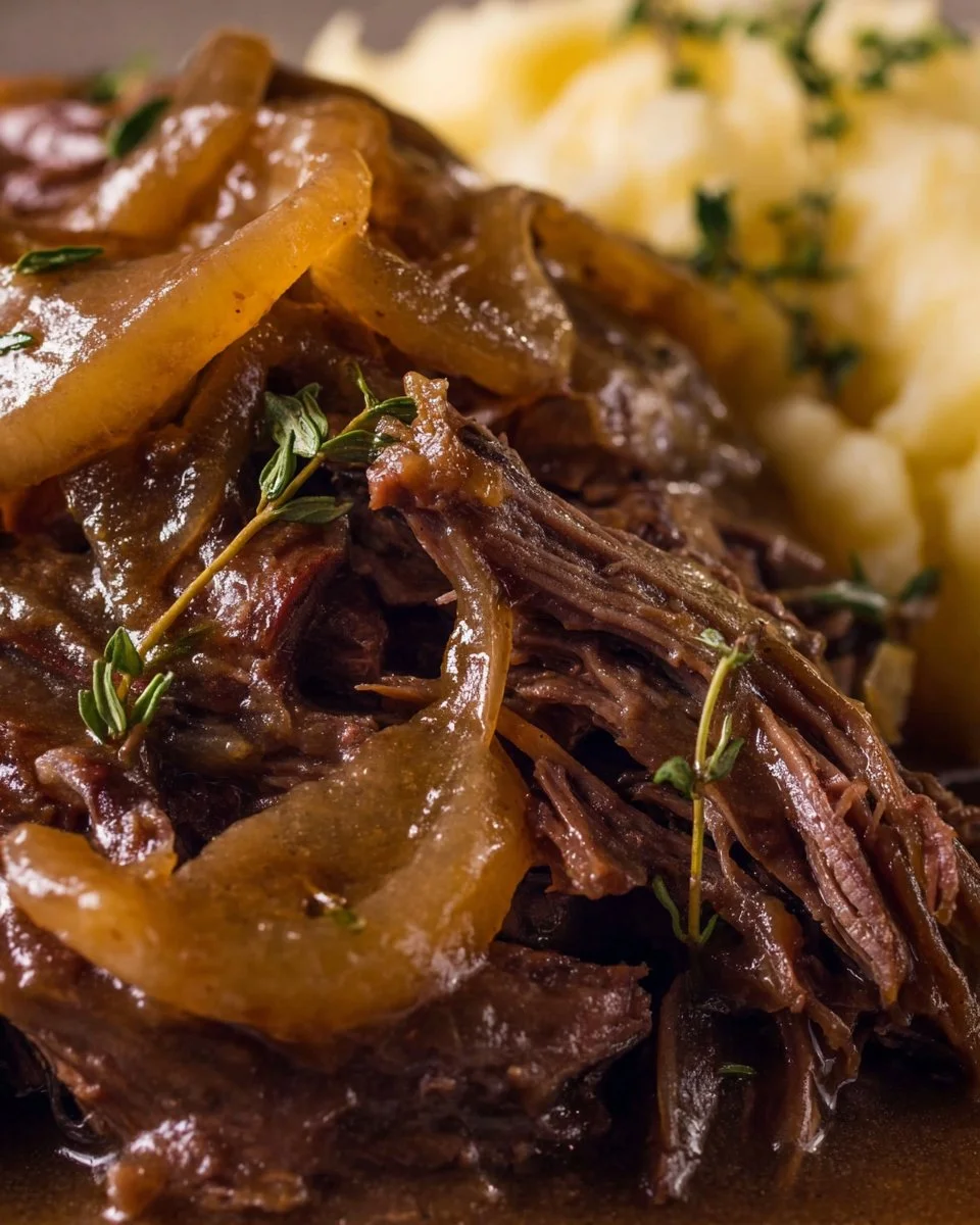 Delicious French Onion Pot Roast served with melted cheese and herbs