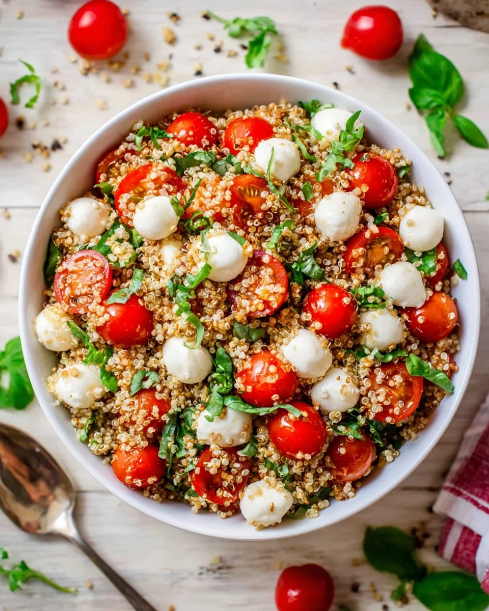 Fresh Caprese Quinoa Salad with tomatoes, mozzarella, and basil dressing