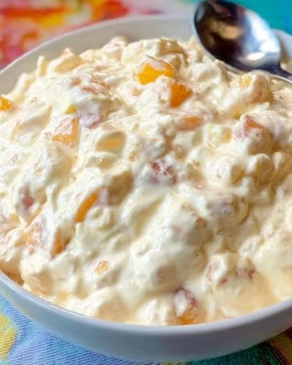 Delicious fruit salad topped with Cool Whip served in a bowl.