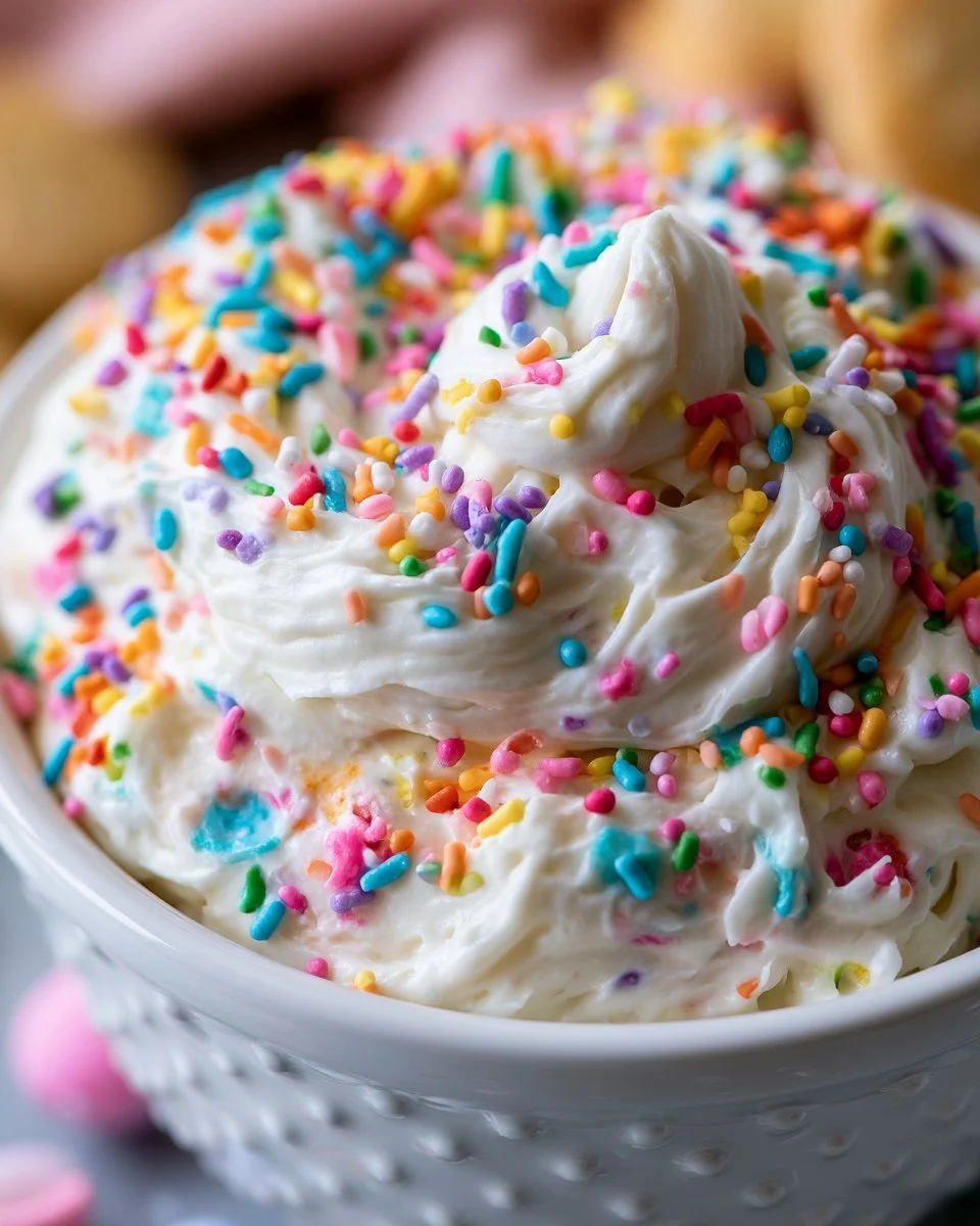 Delicious Funfetti Dip served in a bowl with colorful sprinkles
