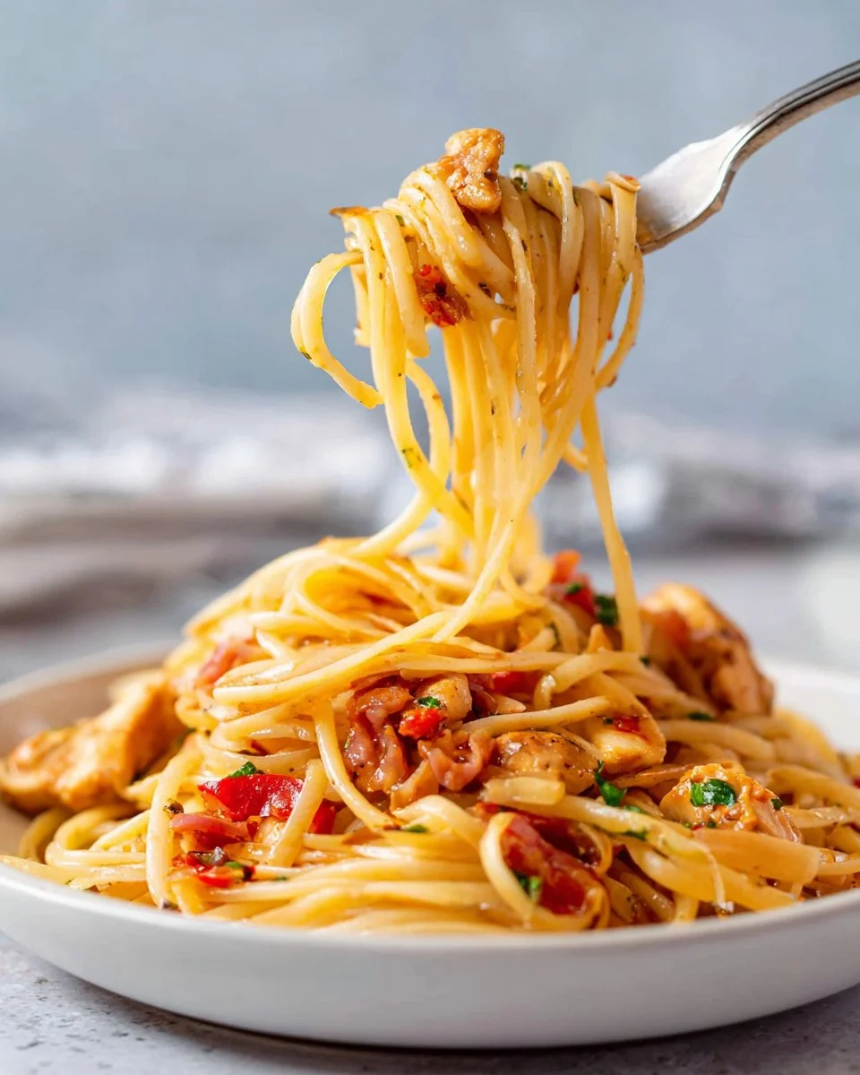 Garlic Chicken Pasta with Prosciutto served in a bowl