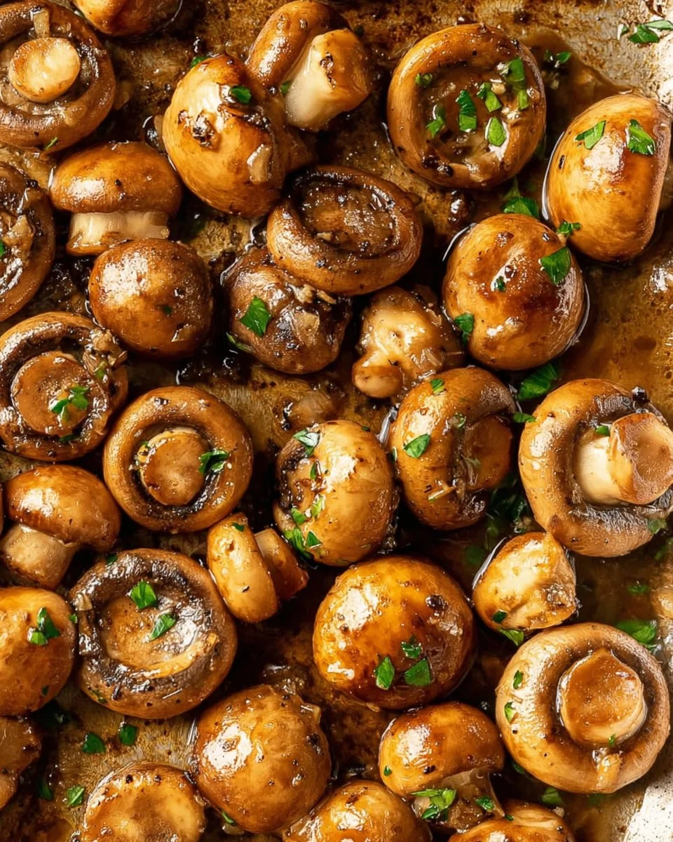 Delicious garlic mushrooms served in a bowl, garnished with fresh herbs.