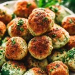 Plate of Green Goddess Meatballs topped with fresh herbs and sauce