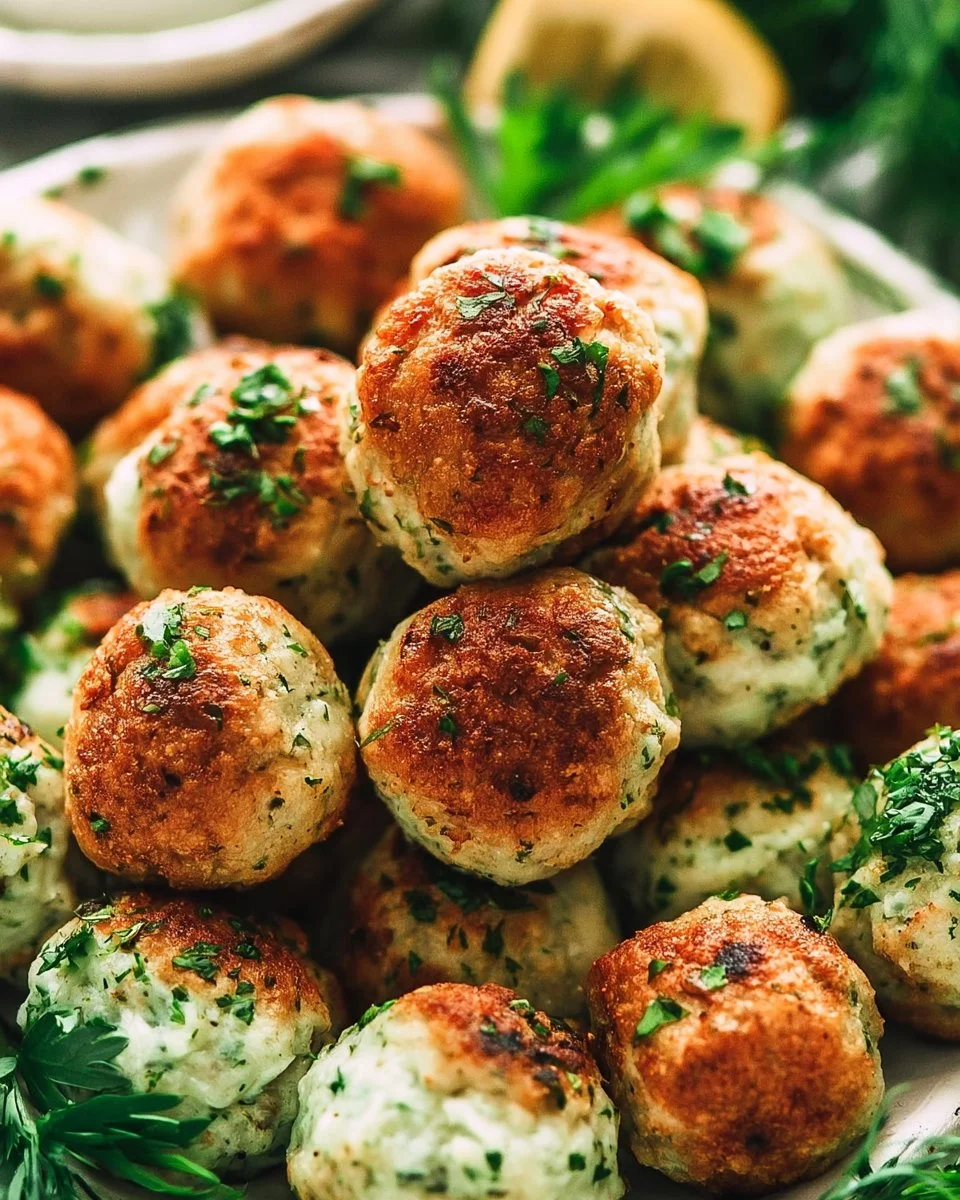 Plate of Green Goddess Meatballs topped with fresh herbs and sauce